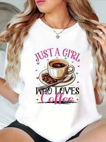 Autumn women's T-shirt with "Just Love Coffee" print, 180g pure cotton T-shirt, micro elastic fabric, women's T-shirt short sleeved top, regular style, round neck design, single piece party - Blanco - Ver 1