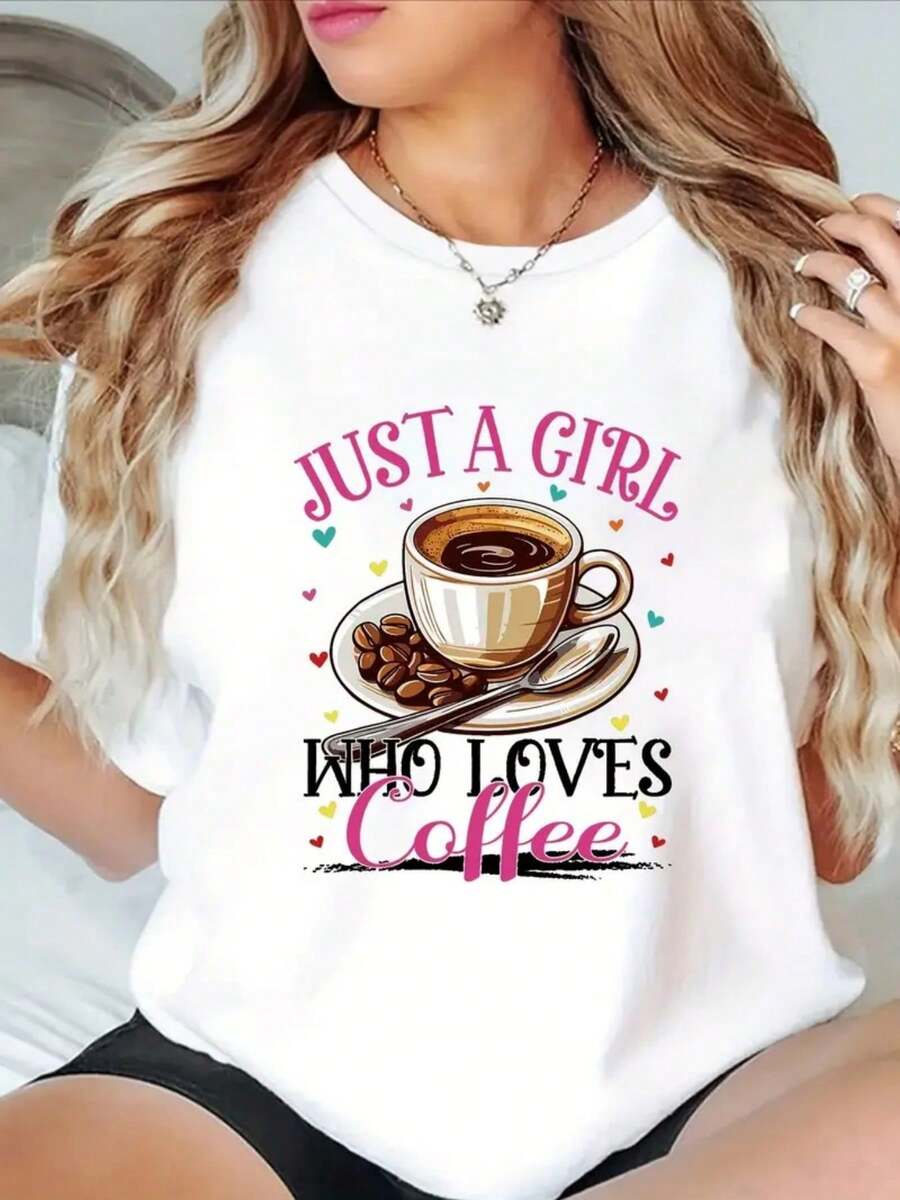 Autumn women's T-shirt with "Just Love Coffee" print, 180g pure cotton T-shirt, micro elastic fabric, women's T-shirt short sleeved top, regular style, round neck design, single piece party - Blanco - Ver 1