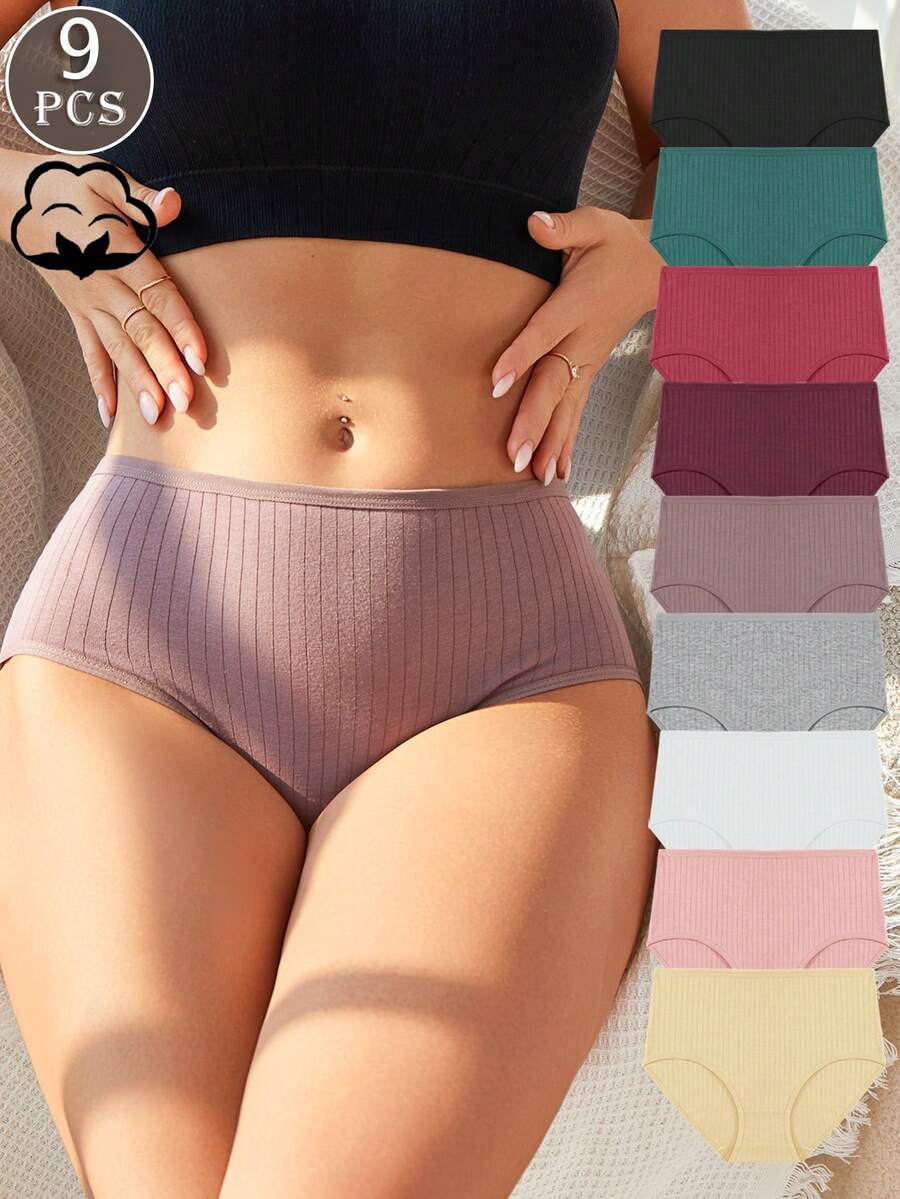 9PCS Women's Multi-Color Cotton Ribbed Mid-Rise Stretch Comfortable Breathable High-Waisted Briefs Christmas Color-Coordinated High-Waisted Briefs Perfect For Christmas Gifts, Plus Size Women's Underwear S-XXL - Nhiều màu - Xem 1
