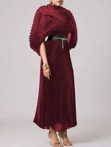 Magic Mia Naija Style Black Pleated Maxi Dress - Elegant Mesh Formal Gown With Stretchy Maternity Waist, Nigerian Wedding Guest Dress For Photoshoots/Birthday Parties/African Events (Long Sleeve) - 酒紅色 - 查看 3
