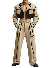 INCERUN Fashion Men's Long Sleve Colorblock Blazer Coat Cropped Jacket Wide-Leg Pants Trousers Party Set Two-Piece Outfit - Màu be - Xem 3