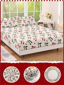 1pc Cartoon Christmas Fitted Sheet, Christmas Bedding, Mattress Protector, Bed Cover, Bed Sheet, Christmas Home Decoration, Cozy Home Textile, Breathable And Anti-Pilling Mattress Protector, Soft And Skin-Friendly, Christmas Bow Pattern Bed Cover, Soft And Comfortable Bedding For Bedroom, Fitted Sheet For Twin, Christmas Decorations, Christmas, Christmas Decorations Home, Christmas Gifts, Christmas Decorations For Home, Pink Christmas Decor