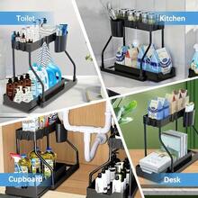 [Space-Saving Sink Organizer] Large Capacity Double Layer Pull-Out Sink Storage Rack Organizer | Space-Saving Under-Sink Shelf For Kitchen & Bathroom, Durable Plastic/Metal Design Holds 10-12 Inch Pipes, Black/White, Compact Design, Sturdy Construction, Apartment Dwellers - White - View 10