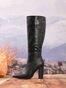 Plus Size Women's Fashion Knee-High Boots, High Heel Casual Zipper Boots For Autumn/Winter, Runway Show, Thick Heel Tall Boots, Black Boots