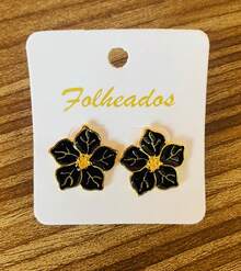 Enameled 5-Petal Flower Earring - Black - View 2