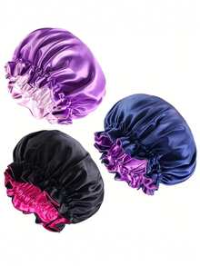 Elegant Nightcap And Sleep Eye Mask Set, Satin With Ruffle Design - Double Layer, Elastic Band - Women's Soft Polyester Hair Cap, Breathable Blackout Eye Mask, Travel Aid Sleep Mask, Relieve Eye Fatigue, Suitable For Daily Sleep, Hotel Stay, Long-Distance Travel - Black - View 4