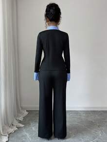 Women's Casual Two Pieces Outfit With Contrast Shirt Collar And Striped Cuffs Medium Stretch Pants Set