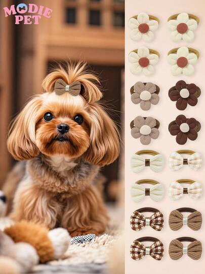16pcs Coffee-Colored Fashionable & Cute Flower & Bow Elastic Hair Ties, Pet Accessories For Cats And Dogs, Happy Puppy