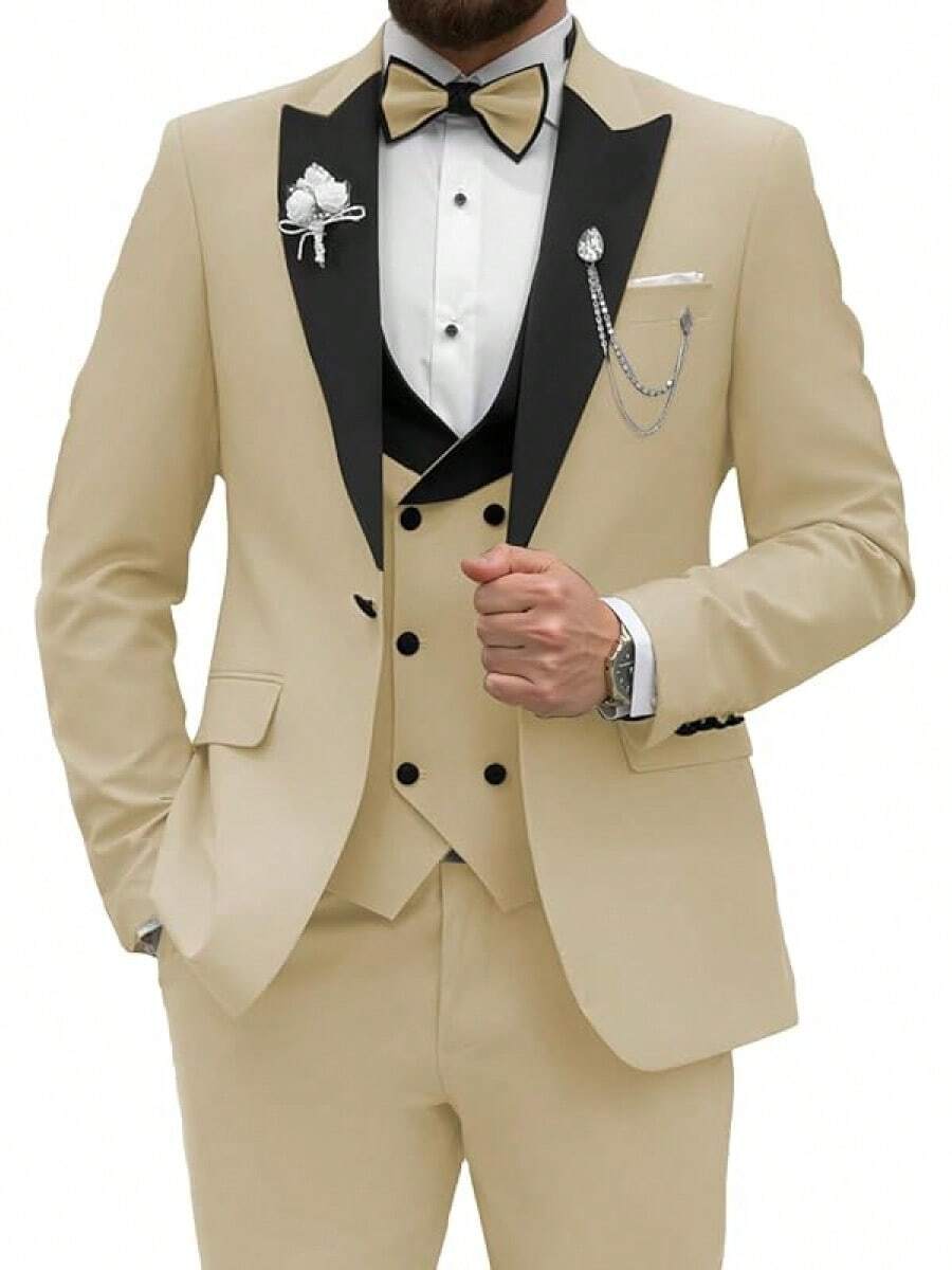 2026 Men's Casual Blazer & Pant Set Men's Tuxedo Suit 3 Piece Slim Fit Suit For Men Tuxedo For Men Wedding Party Dinner Prom Relaxed Stretch Fit For Smart Casual Events - 香檳色 - 查看 1