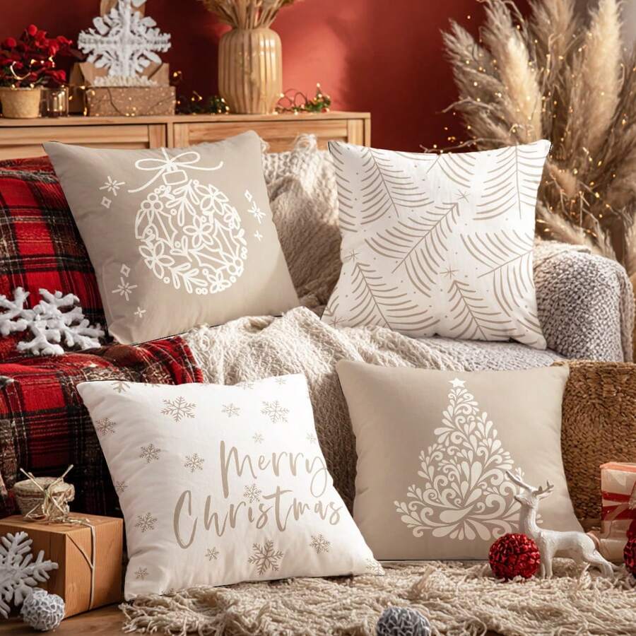 MEMNUN 4pcs Christmas Deer & Snowflake Printed Cushion Cover [No Pillow Insert], 17.7*17.7in(45*45cm)/19.69*19.69in(50*50cm)/15.75*15.75in(40*40cm), [Single-Sided Printing] Merry Christmas Decorative Polyester Throw Pillow Cases For Sofa, Bed, Living Room, Bedroom, Car, Office, Hotel, Suitable For All Seasons, Christmas Gift For Family And Friends