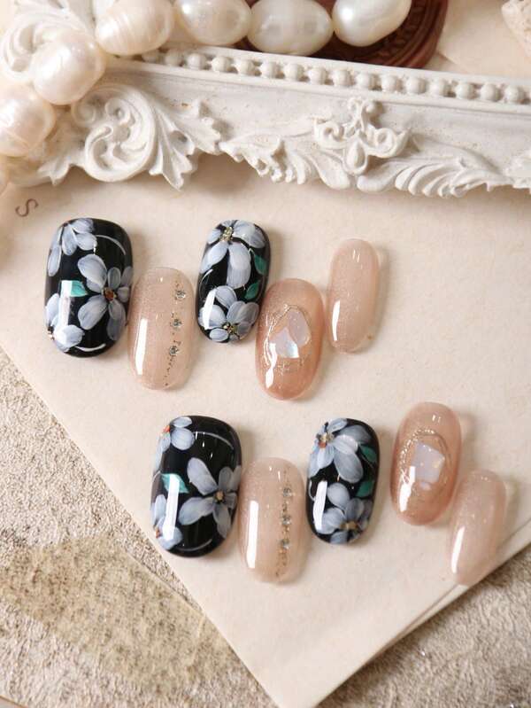 10 Peças Unhas Postiças Azuis com Flores Desenhadas à Mão, Olho de Gato Branco, Unhas Postiças para Uso Diário no Escritório, Kit de Unhas Artificiais Inclui 1 Folha de Adesivos e 1 Lixa Pequena