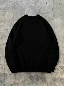 Unisex Fluffy Casual Loose Fit Crew Neck Textured Solid Color Pullover Sweater, Versatile Long Sleeve Knit Top For Autumn And Winter - màu đen - Xem 2