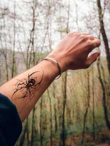 STARTTOOS 1pc Liquid Metal Cyberpunk Y2K Silver Spider Pattern Temporary Tattoo Sticker For Arm, Ankle And Body Skin - Multicolor - View 2