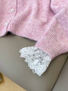 女士休闲简约蕾丝边纽扣长袖针织开衫，适合秋冬季穿着，粉色 - 粉色 - 查看 5