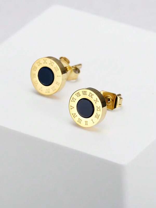 1 Pair 18K Gold Plated Stainless Steel Roman Numeral Stud Earrings