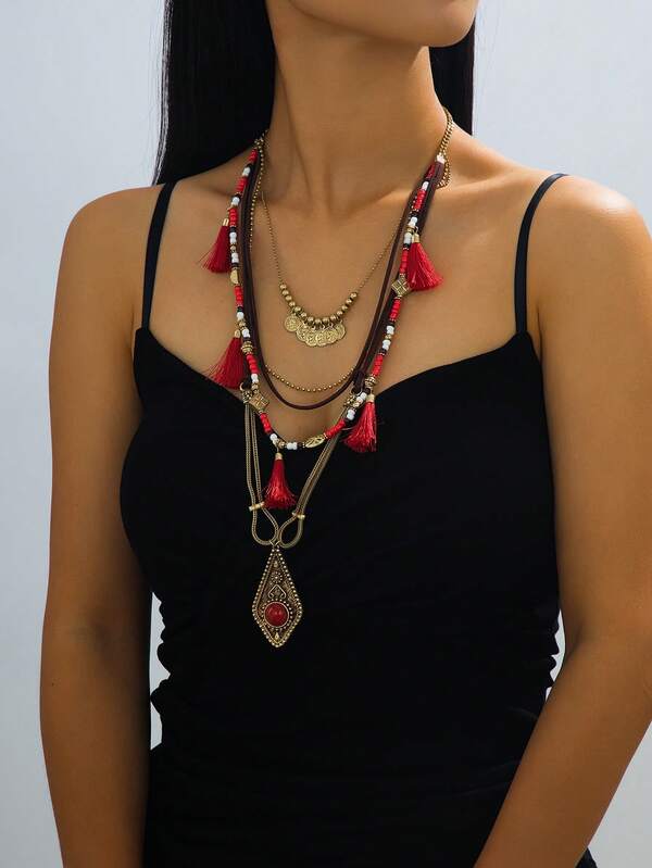 1pc Vintage Bohemian Retro Style European & American Jewelry, Personalized Exaggerated Sexy Long Tassel Multi-Layer Stacked Necklace, Beaded Geometric Pendant Necklace, Suitable For Vacation, Beach, Daily Wear, Couple Matching