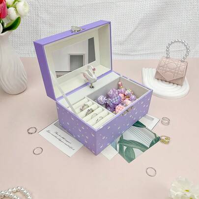 1 قطعة صندوق موسيقي مستطيل بنمط البجع الأرجواني والزهور، بتصميم ورقي أنيق وأحلامي، مع بجعة دوارة ومرآة، صندوق لتخزين المجوهرات ومشغل موسيقى، مناسب لأعياد الميلاد وحفلات الأميرات