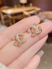 1pc Elegant Fashion Micro-Inlaid Zirconia Letter Silver Needle Earrings For Women, Unique Earring Accessories