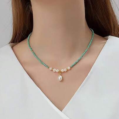 1pc Elegant Turquoise Beaded Cultured Pearl Necklace For Women, Suitable For Holidays, Birthdays, Dates, Parties, Vacations, Casual Wear