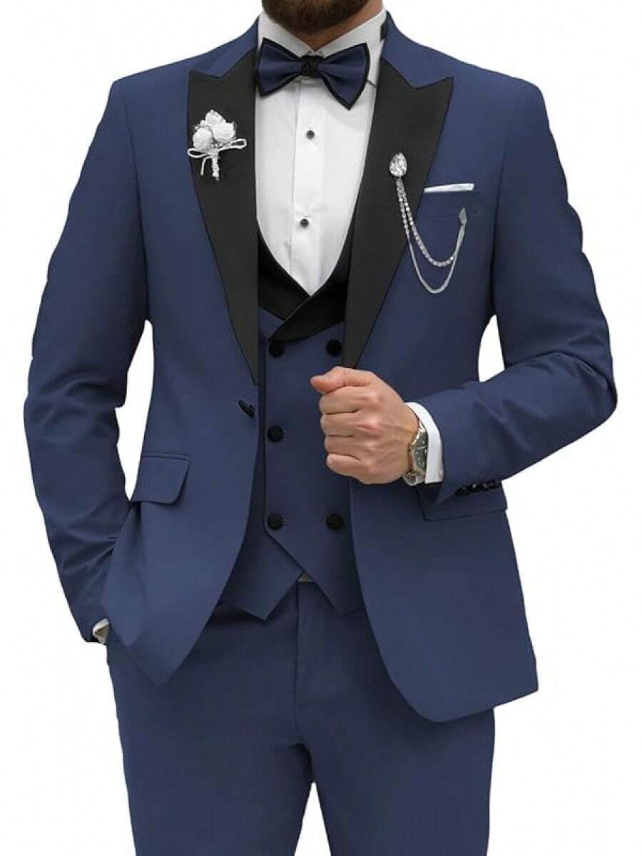 2026 Men's Casual Blazer & Pant Set Men's Tuxedo Suit 3 Piece Slim Fit Suit For Men Tuxedo For Men Wedding Party Dinner Prom Relaxed Stretch Fit For Smart Casual Events - 藏蓝色 - 查看 1