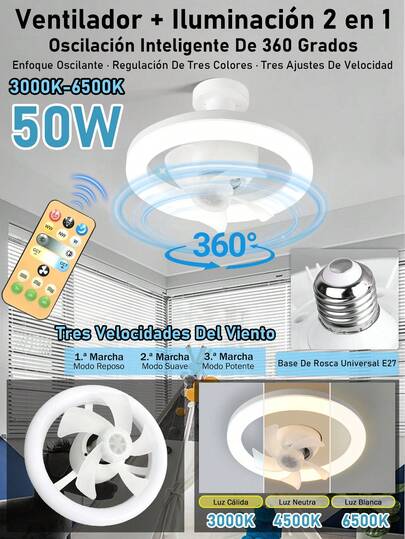 1PC 50W Luz LED 360° oscilante para ventilador, luz para ventilador de techo, ventilador de techo pequeño con mando a distancia, con función de temporizador, tres velocidades de viento, tres temperaturas de color, E27, para dormitorio estudio cuarto de baño