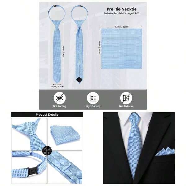 Boys Tie And Pocket Square Set Pre - Tied Necktie Age 8 - 12 Years Wedding Graduation School Uniforms With Box