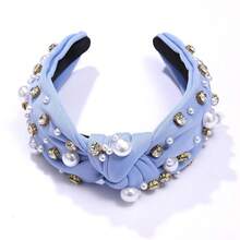 Pearl Knotted Headband For Women White Pearl Rhinestone Crystal Jeweled Embellished Hairband Fashion Elegant Ladies Wide Top Knot Bride Boho Head Band Headpieces Bachelorette Party Hair Accessories - 淺藍色結髮帶 - 查看 6