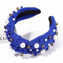 Pearl Knotted Headband For Women Football Game Day Pearl Rhinestone Jeweled Hairband Team Spirit Football Sports Fashion Ladies Wide Headband Game Day Sports Hair Accessories - 藍B - 查看 6