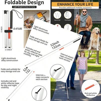 Folding Blind Cane Walking Stick With Red Reflective For Vision Impaired And Blind People Lightweight NonSlip 52inch