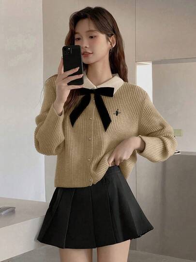 Fall/Winter College Style Color Contrast Bow Lapel Long Sleeve Embroidered Women's SweaterTops Cardigan Cardigan,Streetwear