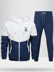 2 件男士撞色拼接运动服套装，带抽绳的连帽夹克和慢跑裤，户外露营钓鱼骑行夹克和裤子套装，适合春秋季 - 寶藍色 - 查看 3