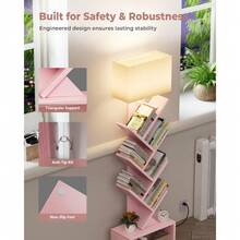6 Tier Tree Bookshelf, Narrow Bookcase Tower, Tall Floor Standing Book Organizer With Storage Cabinet For Living Room, Bedroom And Home Office - 粉色 - 查看 7