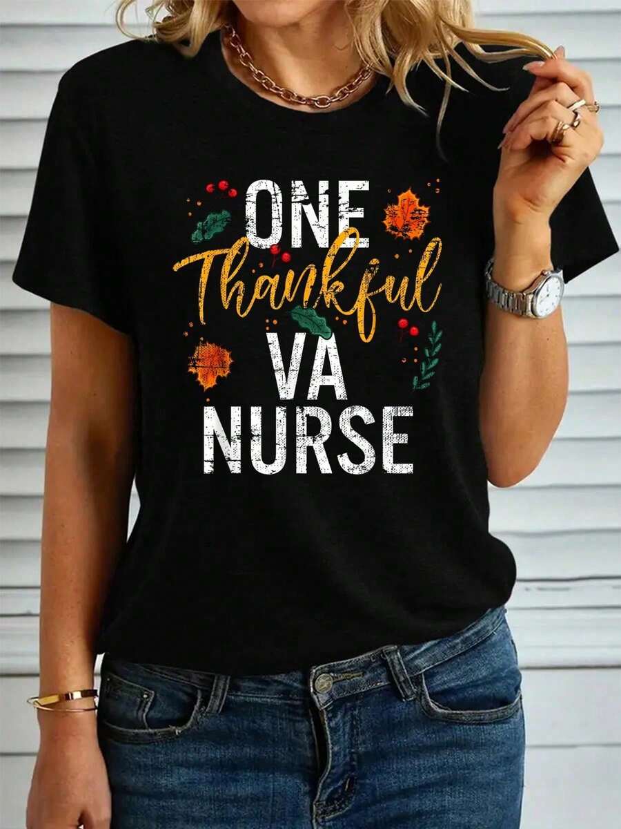 100% Algodón Unisex Mujeres Una Enfermera VA Agradecida Linda Camiseta de Otoño de Acción de Gracias Camisetas Gráficas Mujeres Camisetas Gráficas Mujeres Crop Conjuntos de Verano Moda Mujeres - Camisetas Gráficas 100% Algodón Mujeres, Ropa de Verano - Negro 9 - Ver 1