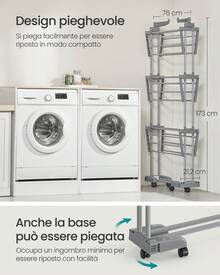 Stendibiancheria, Stendino Pieghevole a 4 Livelli, con Ruote e Ali Richiudibili, 63,5 x 125,5 x 173 cm, Capiente, Uso Interno ed Esterno, Grigio Tortora - Grigio - Visualizzare 5