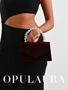 OpulAura 女士浪漫仿珍珠手提包，奢华天鹅绒晚宴包，手拿包，适合派对/婚礼/约会/圣诞节、生日活动、正式场合，带链条 - 酒紅色 - 查看 7