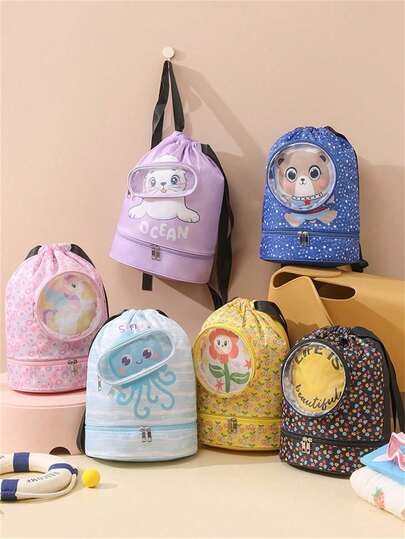 Children's Drawstring Backpack For Girls, Cute Cartoon Waterproof Drawstring Bag, Suitable For Swimming, Fitness, Sports, Beach, And Other Occasions. Features A Separate Compartment For Shoes And Sunglasses, And A Moisture-Proof Pocket, Making It Perfect For Travel. A Great Gift For Boys And Girls For New Year's And Valentine's Day.