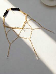 2 件性感水钻流苏蕾丝腿链和手指手链套装，适合女士派对、海滩、度假 - 金色 - 查看 3