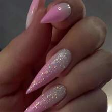 Pink Nails Press On Long Stiletto Fake Nails Glitter Bling Glue On Nails 24Pcs Glossy Acrylic Nails Manicure Stick On Nails Almond Shiny Artificial Nails - 多色10 - 查看 1