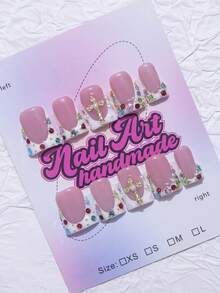 10片/套 手工鸭嘴美甲贴片，Y2K 酷炫风格，裸色和白色法式贴片，花卉、十字架、水钻图案，10片/包，3种尺寸，适合派对、婚礼、日常佩戴，包含工具包，是送给女性和女孩的绝佳礼物。 - 白色 - 查看 3
