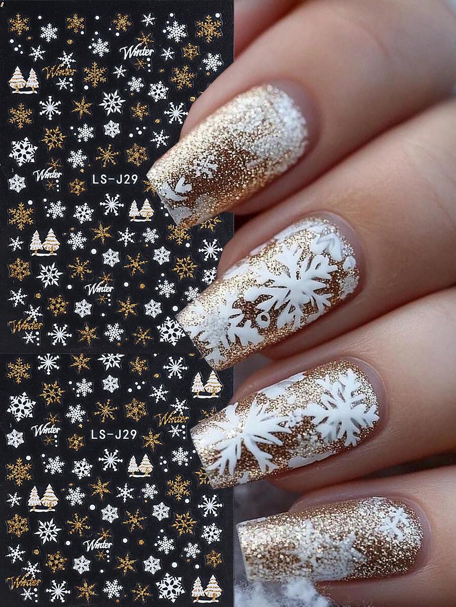2pcs Reflective Christmas Nail Sticker Gold Simple Snowflake Christmas Tree For Xmas Winter New Year Nails Art Decoration Golden White Snowflake DIY Self Adhesive Decals Manicure Nail Design
