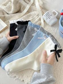 1 par de calcetines de mujer con lazo y contraste de color acanalado, lindos y versátiles, estilo lolita, calcetines blancos sencillos hasta el tobillo