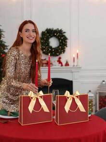 10 Stücke Weihnachtsgeschenktüten, Kraftpapier Geschenktüten mit Schleifen-Bändern, Weihnachtsgeschenk-Verpackung Einkaufstüten, Neujahr Dankeschön Geschenktüten mit Griffen, horizontale Papiertüten für Hochzeit Brautjungfern Dankeschön, Frauen Männer, mit Griffen für Geburtstag Hochzeit Brautjungfern Party Gastgeschenke, Einzelhandelstüten Aufbewahrungstüten (Burgunderrot)