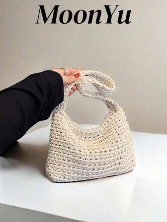 1 件女士单肩手提包，编织可折叠迷你敞口轻便时尚休闲手提包，白色软包