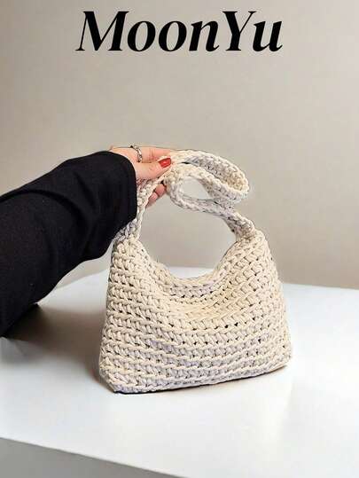 1pc Women's Shoulder Handbag, Woven Foldable Mini Open-Top Lightweight Fashionable Casual Tote Bag, White Soft Bag