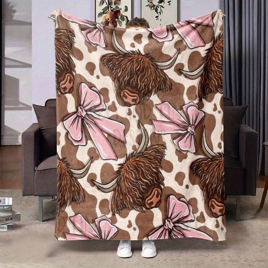 1pc Highland Cow & Pink Bows Flannel Blanket - Soft Warm All-Season Throw For Office, Bed, Sofa, Camping - Contemporary Cozy Gift With Background Design, Cow Blanket - 多色 17 - 查看 1