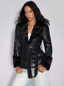 TypaGal 女士秋季秋冬休闲运动时尚现代外出优雅黑色纯色长袖休闲 PU 拼接腰部夹克带抽绳加厚保暖 - 黑色 - 查看 5