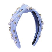 Pearl Knotted Headband For Women White Pearl Rhinestone Crystal Jeweled Embellished Hairband Fashion Elegant Ladies Wide Top Knot Bride Boho Head Band Headpieces Bachelorette Party Hair Accessories - 淺藍色結髮帶 - 查看 5