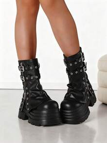 Women Gothic Fold Over Ankle Boots Punk Platform Y2k Wedges High Heels Motorcycle Thick Bottom Short Boots Belt Buckle Halloween Dress Shoes - 黑色 - 查看 6