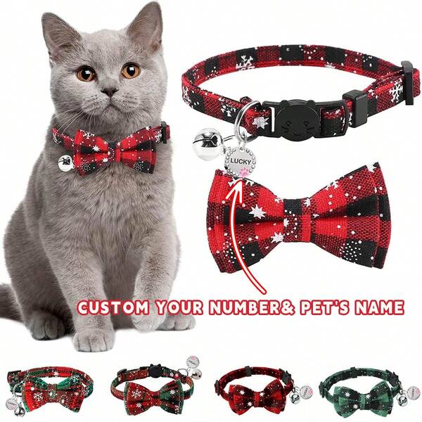 1pc Customizable Name Tag Adjustable Christmas Collar With Bow, Soft Texture, Striped Red & Green Holiday Vibe With Snowflake Pattern, Christmas Pet Accessory, Christmas Pet Gift