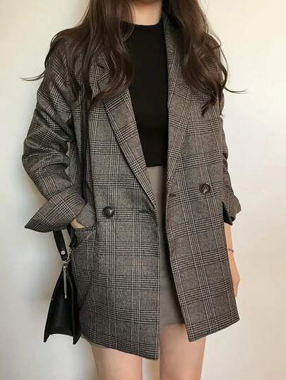 レディース カジュアルジャケット チェック柄 フロントボタン スーツジャケット ルーズフィット レトロでシンプルなデザイン ダブルボタンディスプレイ オフィス・外出・通勤に最適